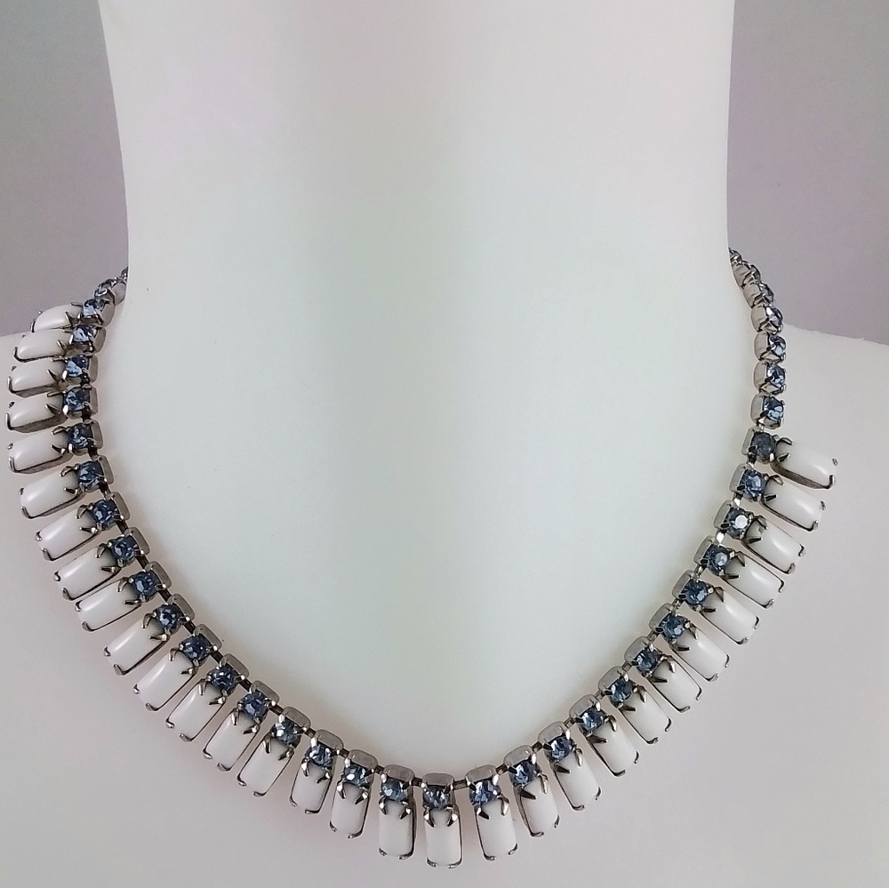 Vintage White and Blue Rhinestone Choker Necklace